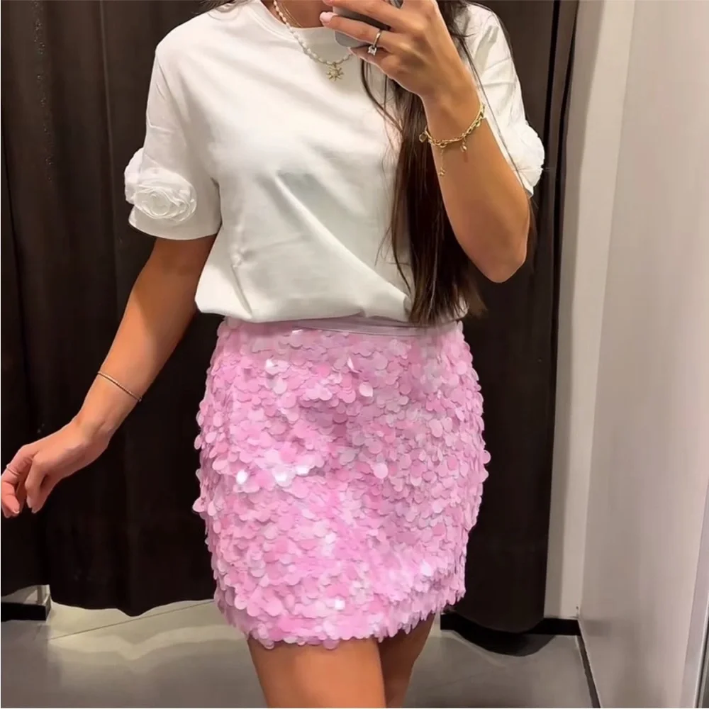 New ZARA Pink Sequin Mini Skirt